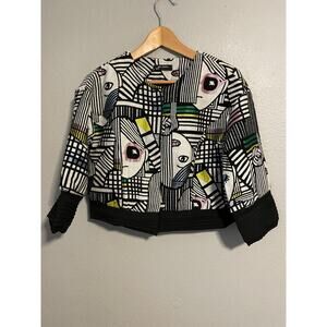 Mia Donna Jacket Womens Small Abstract Faces Embroidered Art Pattern Snap Crop